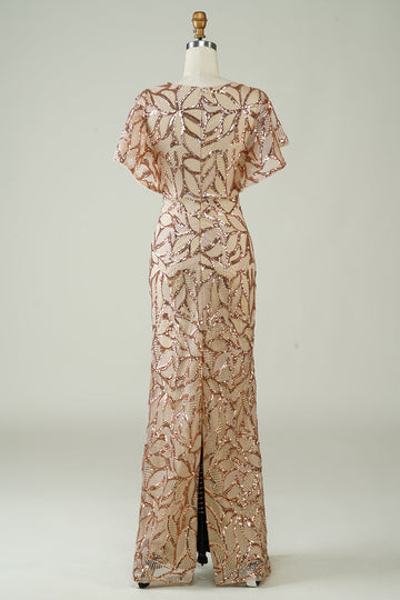 Champagne Sequins Long Ball Dress with Slit Back